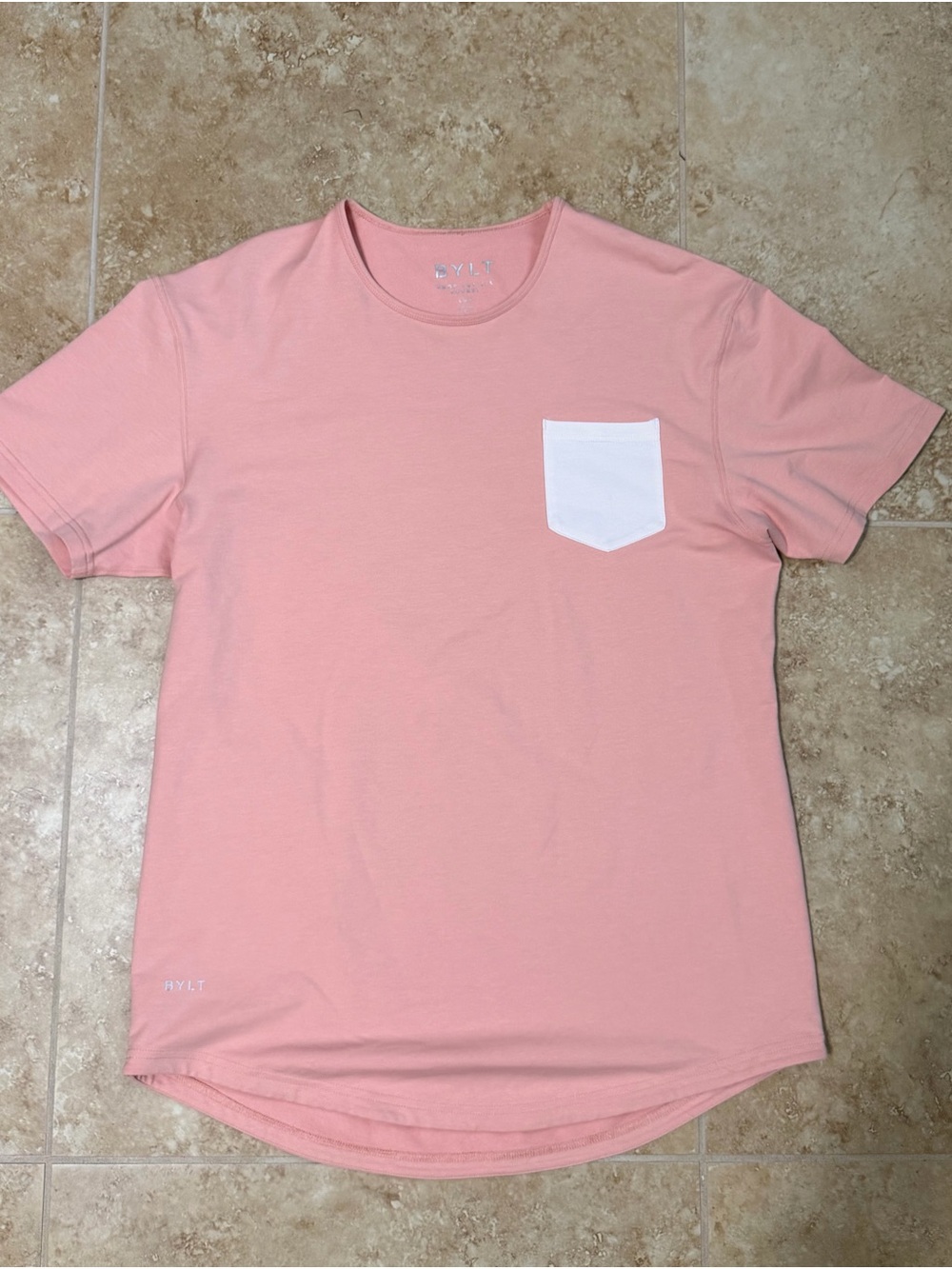 BYLT Drop Cut S/S Pocket Lux Men Pink Solid Crew Neck Tee Shirt Size L